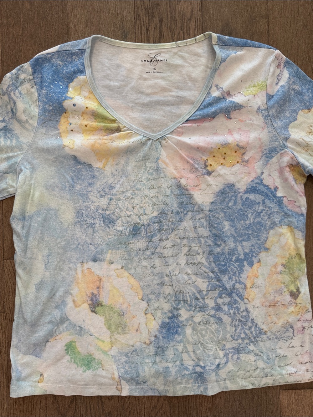 Emma James Watercolor Floral 3/4 Sleeve Subtle Sequins V Neck Cotton Blend Shirt
